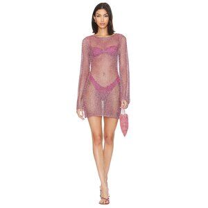 superdown Gaia Mini Dress in Pink Metallic Medium New Womens Crochet Coverup